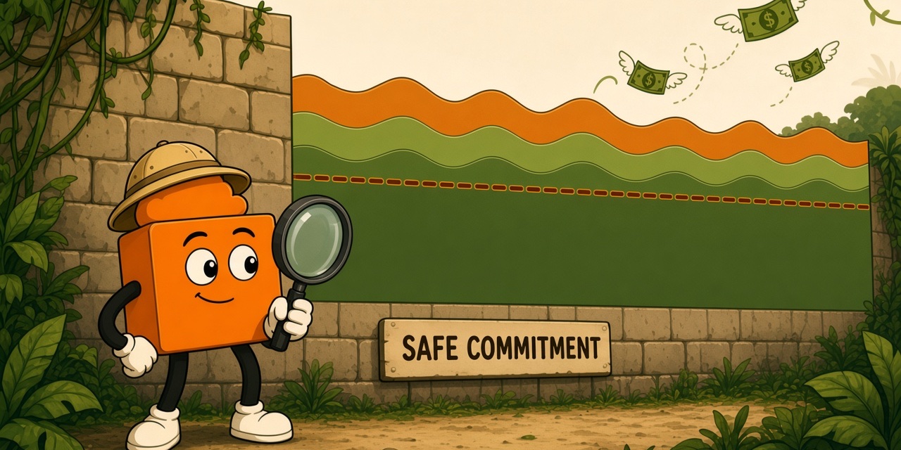 An AWS cube explorer with a magnifying glass inspecting a usage chart carved into a jungle wall, with a dashed safe commitment line just under the lowest dip