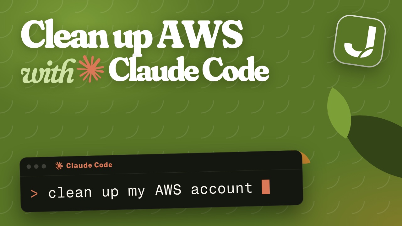 A Claude Code terminal with the prompt "clean up my AWS account", under the headline Clean up AWS with Claude Code