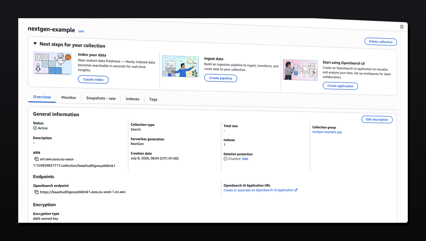 Amazon OpenSearch Serverless console for a NextGen collection named nextgen-example